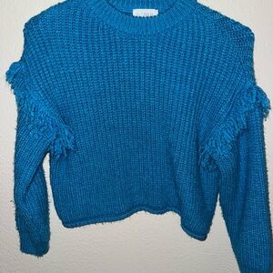 Zara Teal Fringe Knit Sweater